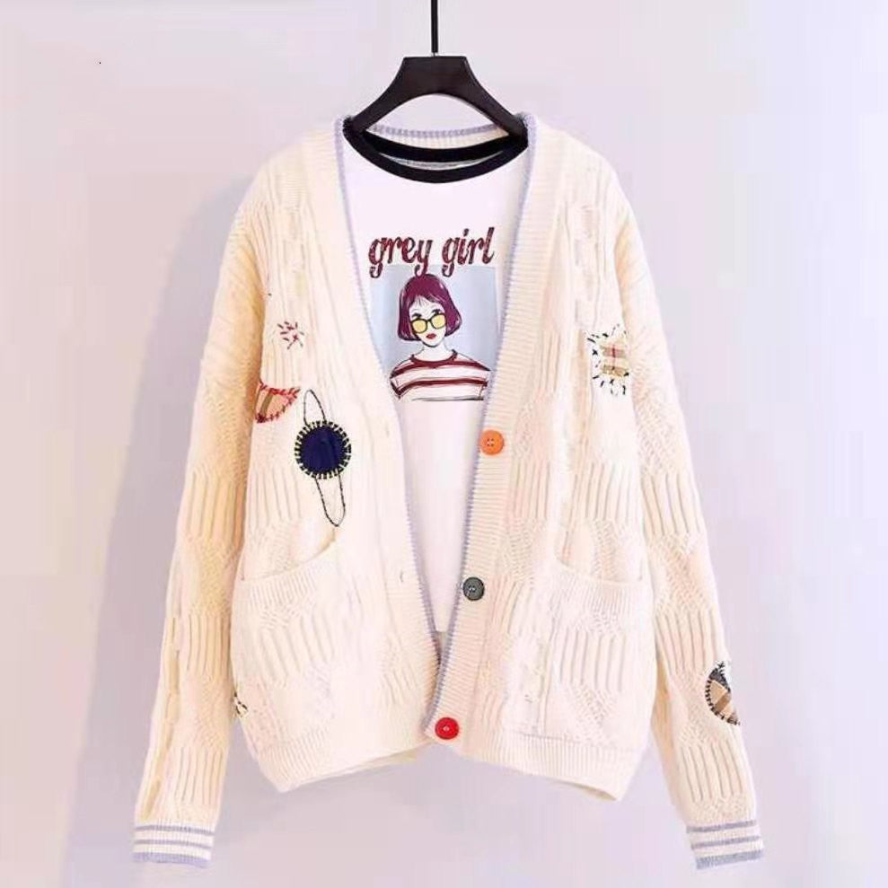 New Japanese Mori Girl Planet Patch Thick Mid-length Cardigan Sweater Jacket