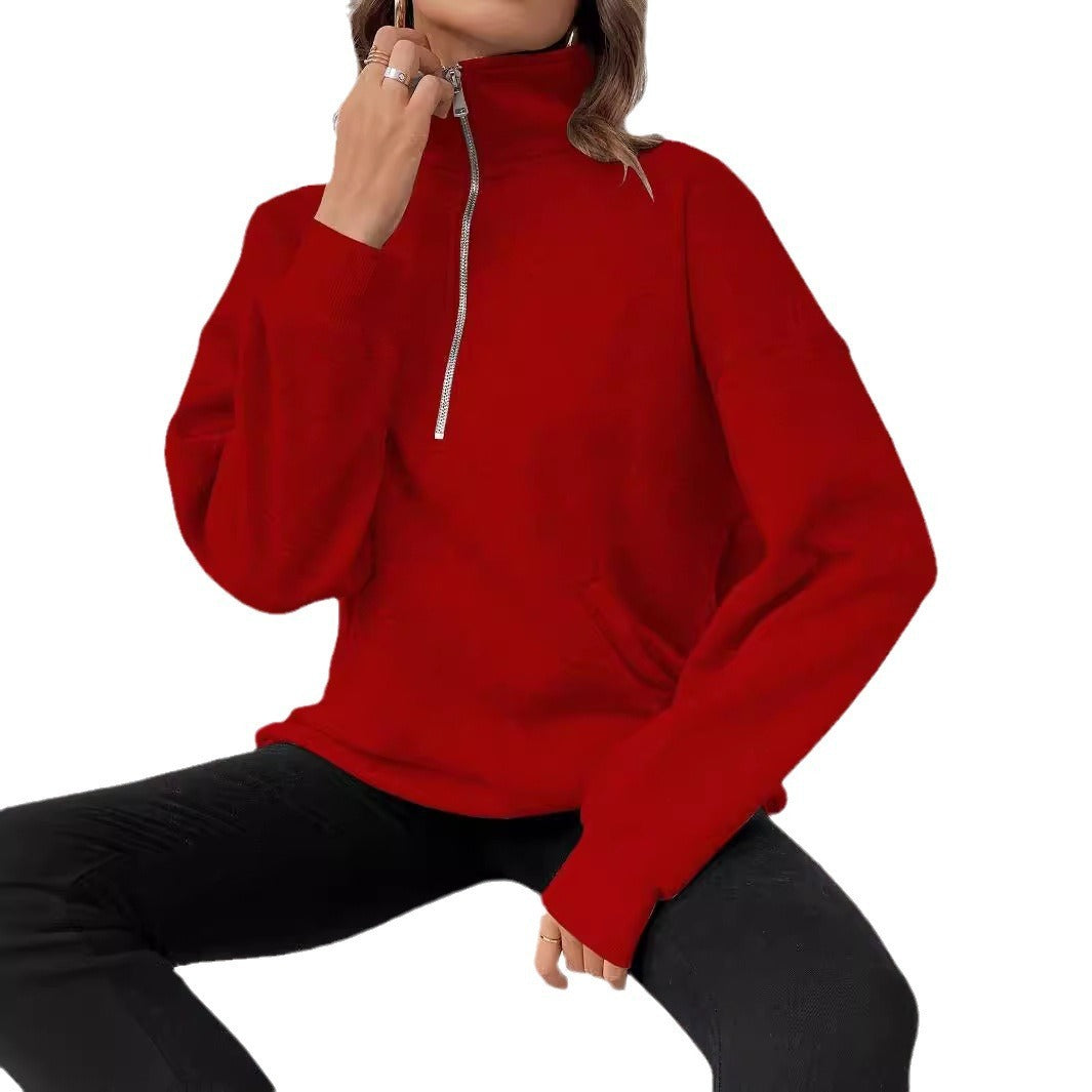 Polo Collar Solid Color Casual Women's Hoodie